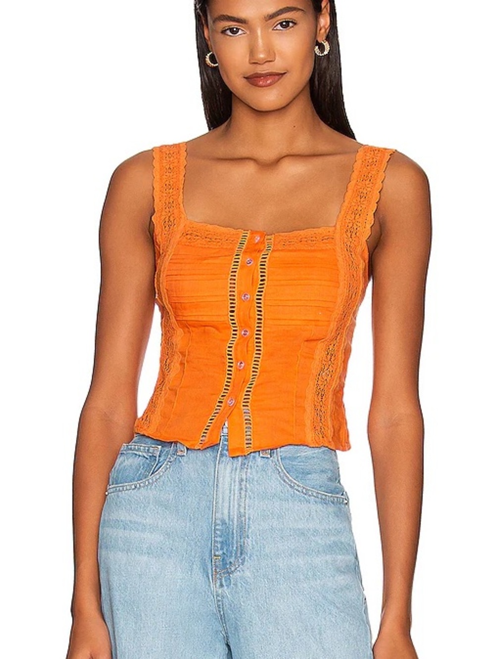 NWT Free People Orange Maggie Lace Tank Crochet Button Front Linen Blend Vibrant